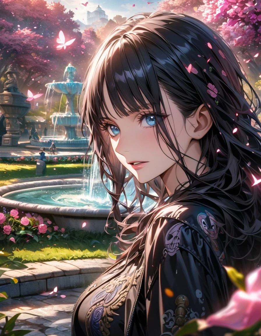 absurdres, highres, ultra detailed, HDR, master piece, ultra detailed picture, extremely detailed face and eyes, Nico Robin, black hair, expressive blue eyes, One Piece, solo, woman, extremely beautiful, pink flowers, park, fountain, pink trees, pink butterflies, black clothes