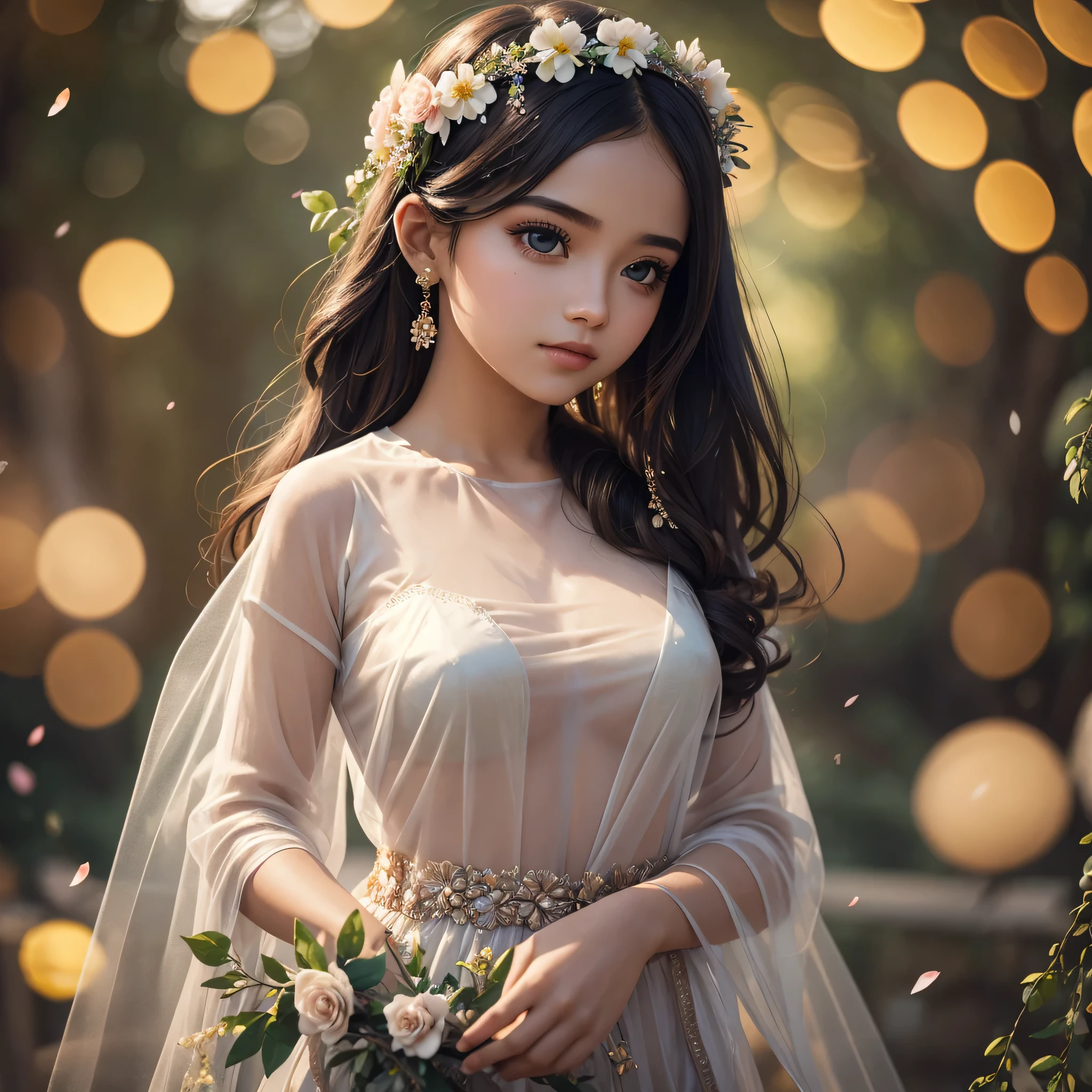 most beautiful in the world, fair, young girl, wearing see through cloth, with beautiful flower garland, 8k ultra defination, surrounded by flowers, bokeh, animated lighting