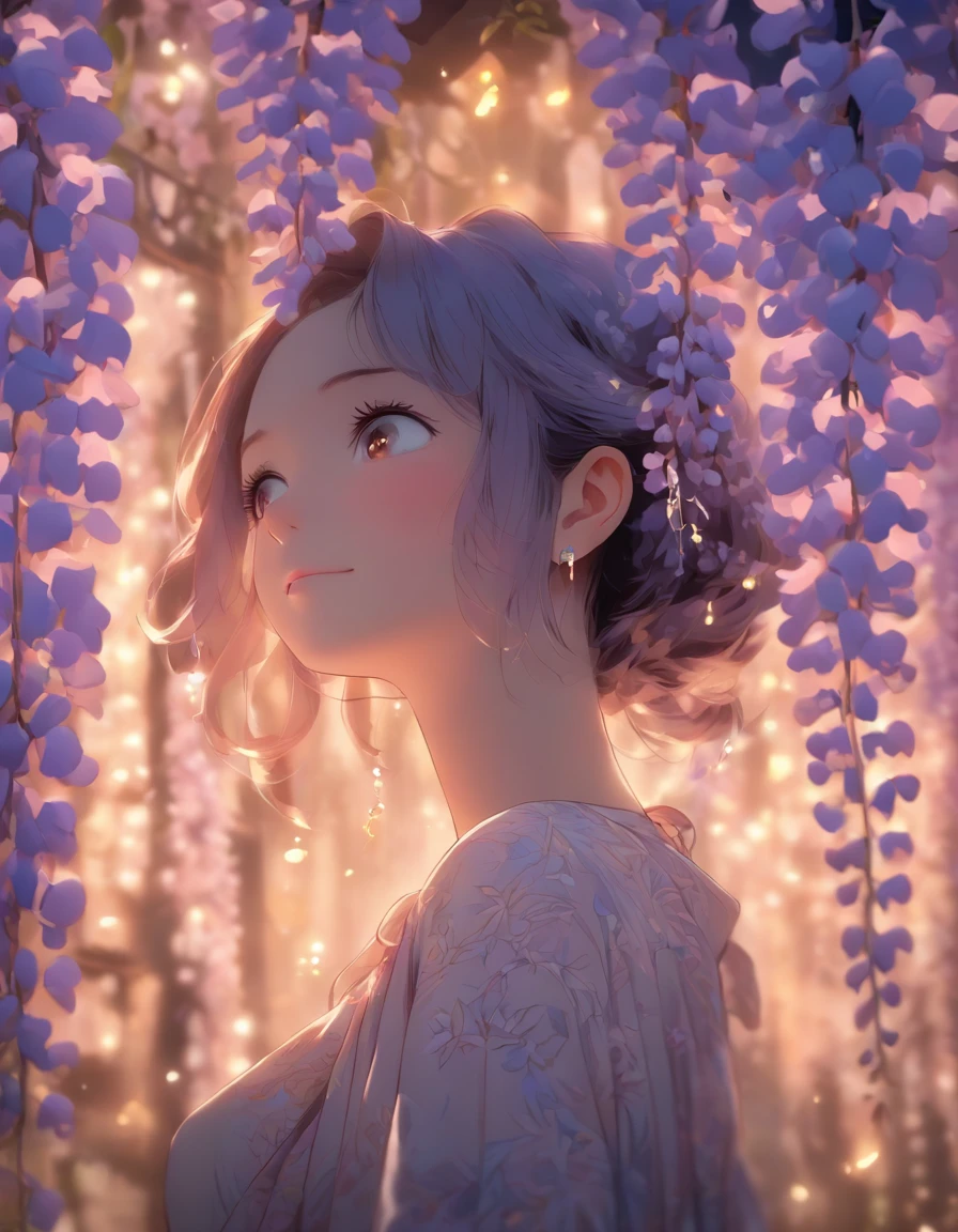 anime style, very fine illustration, high detail, dynamic foreshortening, great detail, 8k, Wisteria trees quietly shine on a spring night, illuminated by city lights. BREAK The woman stands motionless, fascinated by the beautiful scene, watching the wisteria flowers fall. The expression on her face says that she is sincerely delighted with the arrival of spring and the beauty of the flowering wisteria.masterpiece, top quality, Best quality, official art, beautiful and aesthetically pleasing:1.2), (1 girl, mature:1.3, got old:1.3), Extremely detailed,(fractal art:1.1),(colorful:1.4)(flowers:1.3),The most detailed,(zentangle:1.2), (dynamic pose), (abstract background:1.3), (shiny skin), (many colors:1.4),(earrings:1.4), Long hair