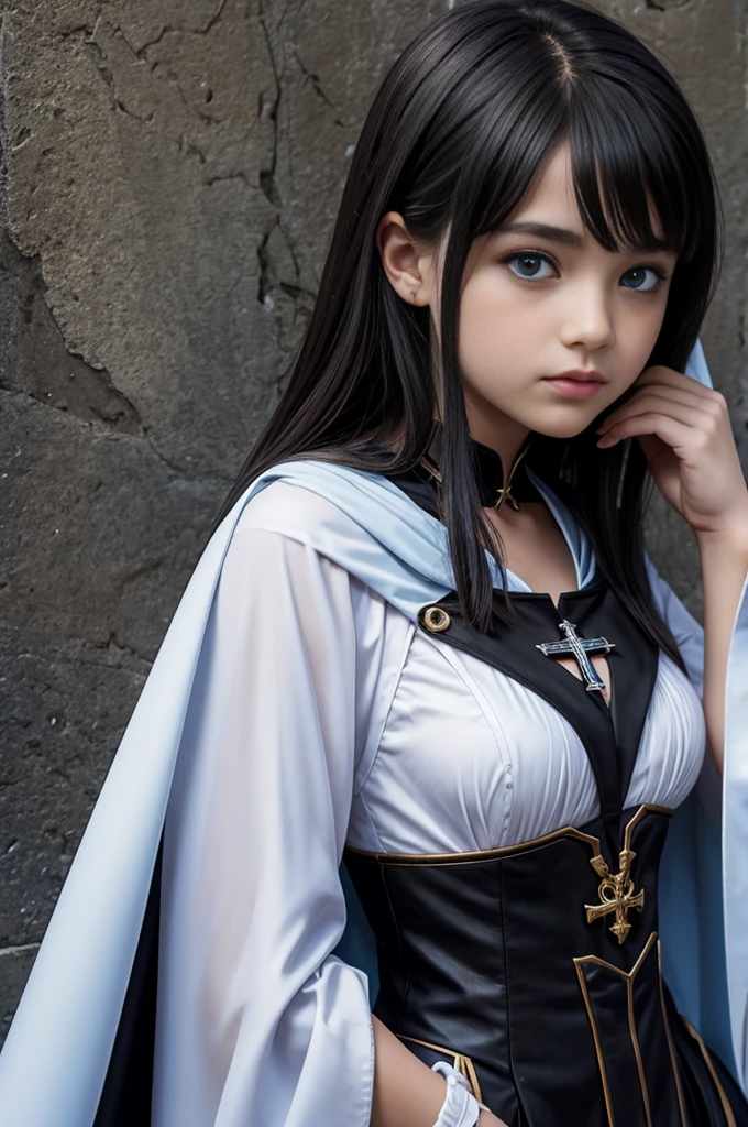 TeEn girl, evil, teenager(1.3),13 years old, teen girl, small breats, black hair and blue eyes, detailed face, ,cleavage, dress with cape, desing with christian cross ,background in prussia