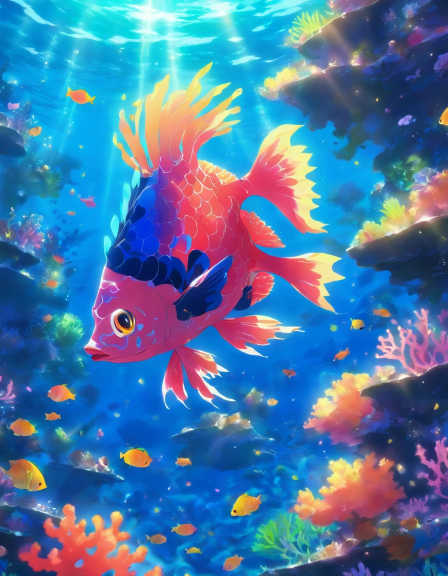There are beautiful corals on the seabed.、Colorful fish swimming in the sunlight
