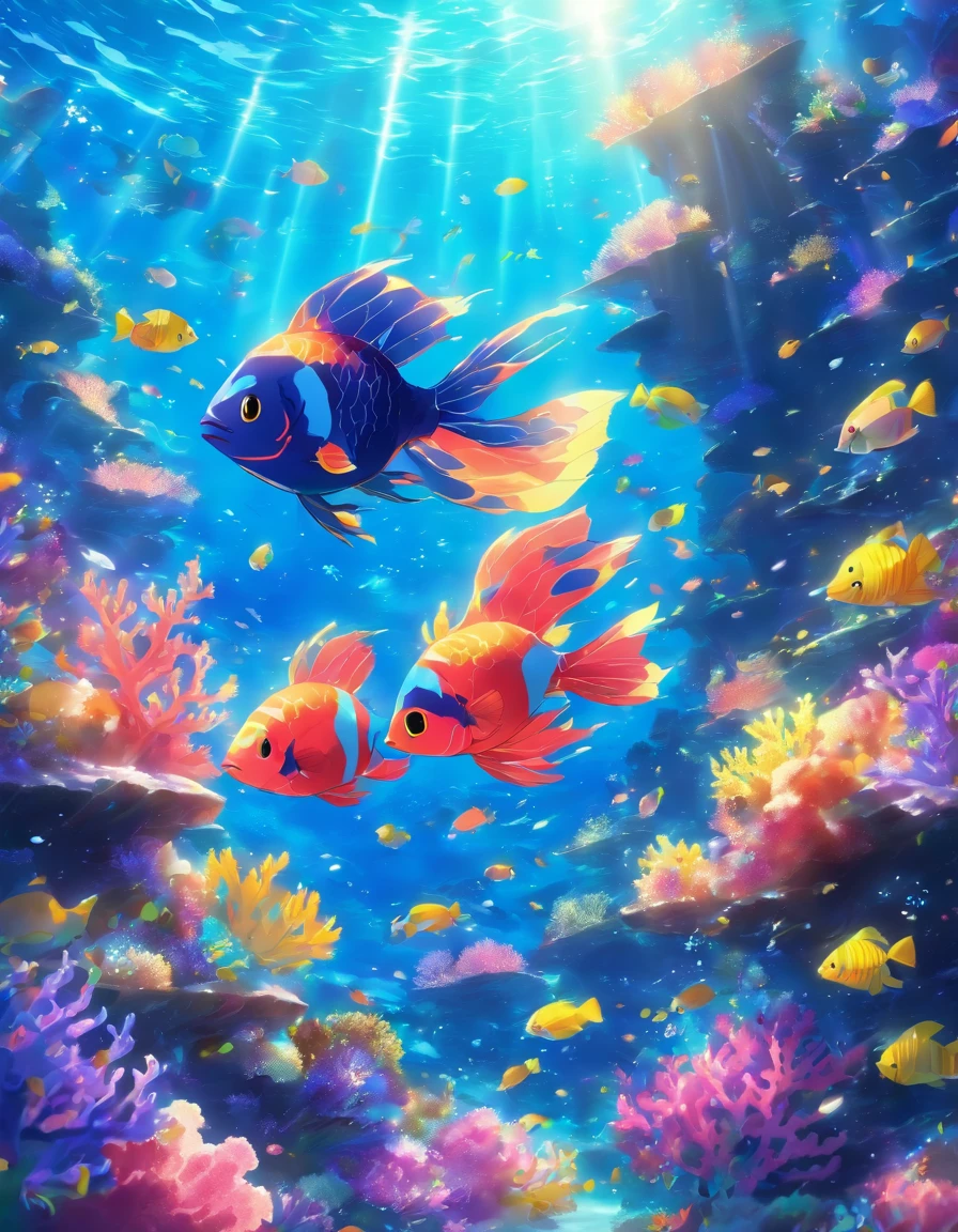 There are beautiful corals on the seabed.、Colorful fish swimming in the sunlight