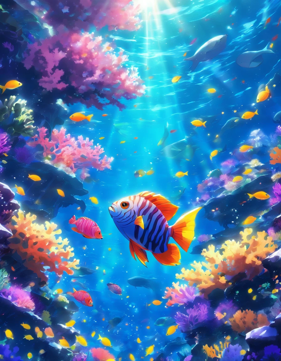 There are beautiful corals on the seabed.、Colorful fish swimming in the sunlight
