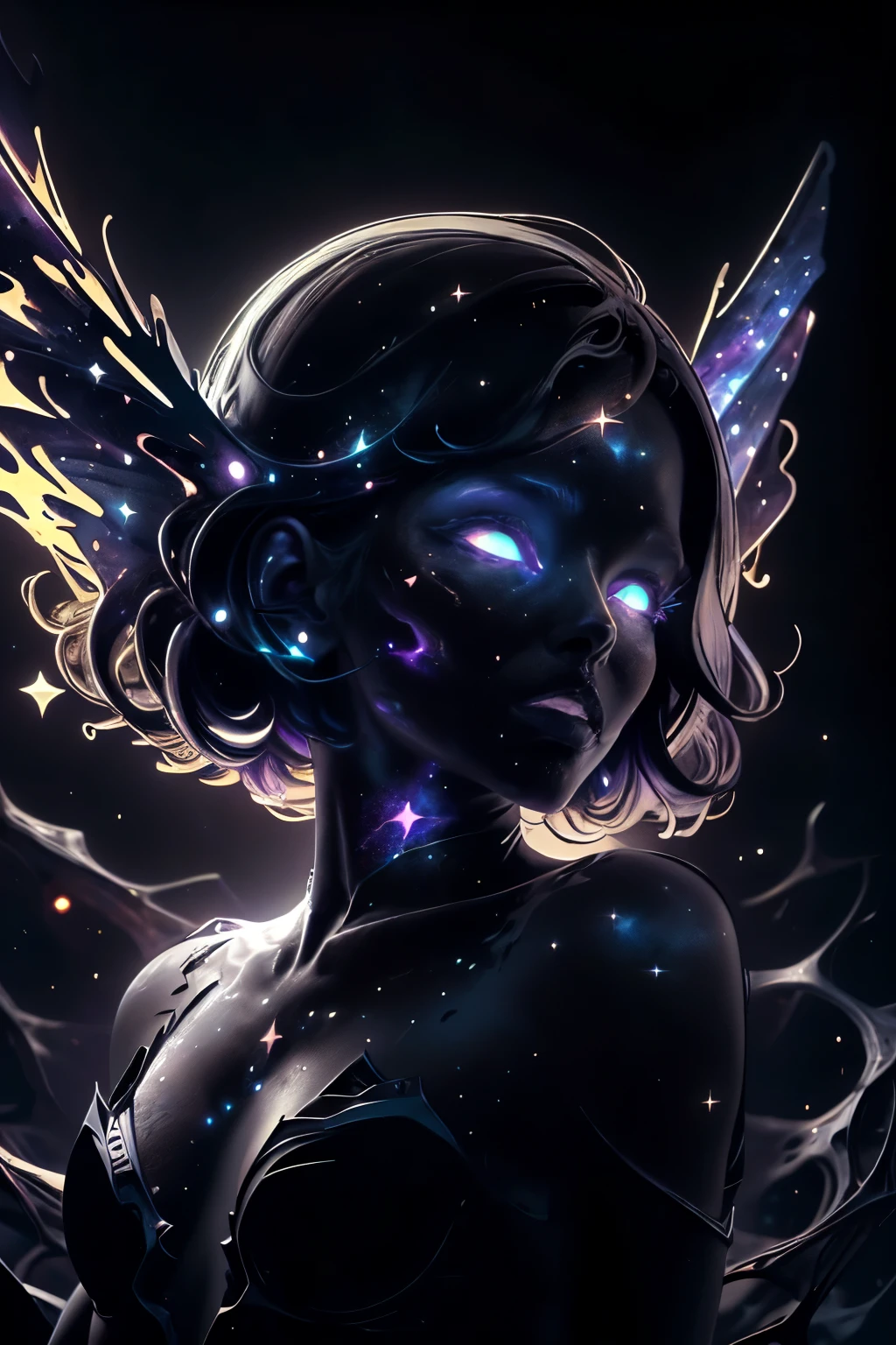 (((This is a dark image))). Generate a dark celestial woman with ((extremely perfect)) eyes and (((pure black galaxy skin))). Her ((onyx black)) but (soft) face should be highly detailed and realistically shaded with puffy lips. Her wings are delicate but stunning, with many small fantasy details. This is a (((masterpiece))). Utilize dynamic composition and expressions to create a cinematic experience. Include glittering and delicate jewelry. The background of the image should be pure back, leaving the woman as the focal point of the image. ((dark celestialskin body, void cosmic body)), ornate, (((dark background))), (((lights off))), (((hollywood dark))), horror, dramatic shadows