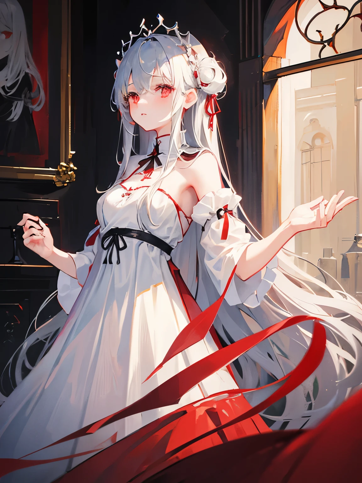 1girl, gray straight long hair, red eyes, (Detailed face), Full body, (white  dress with black details), medieval, (medieval room background), masterpiece, (cute face), (beautiful), ((old))