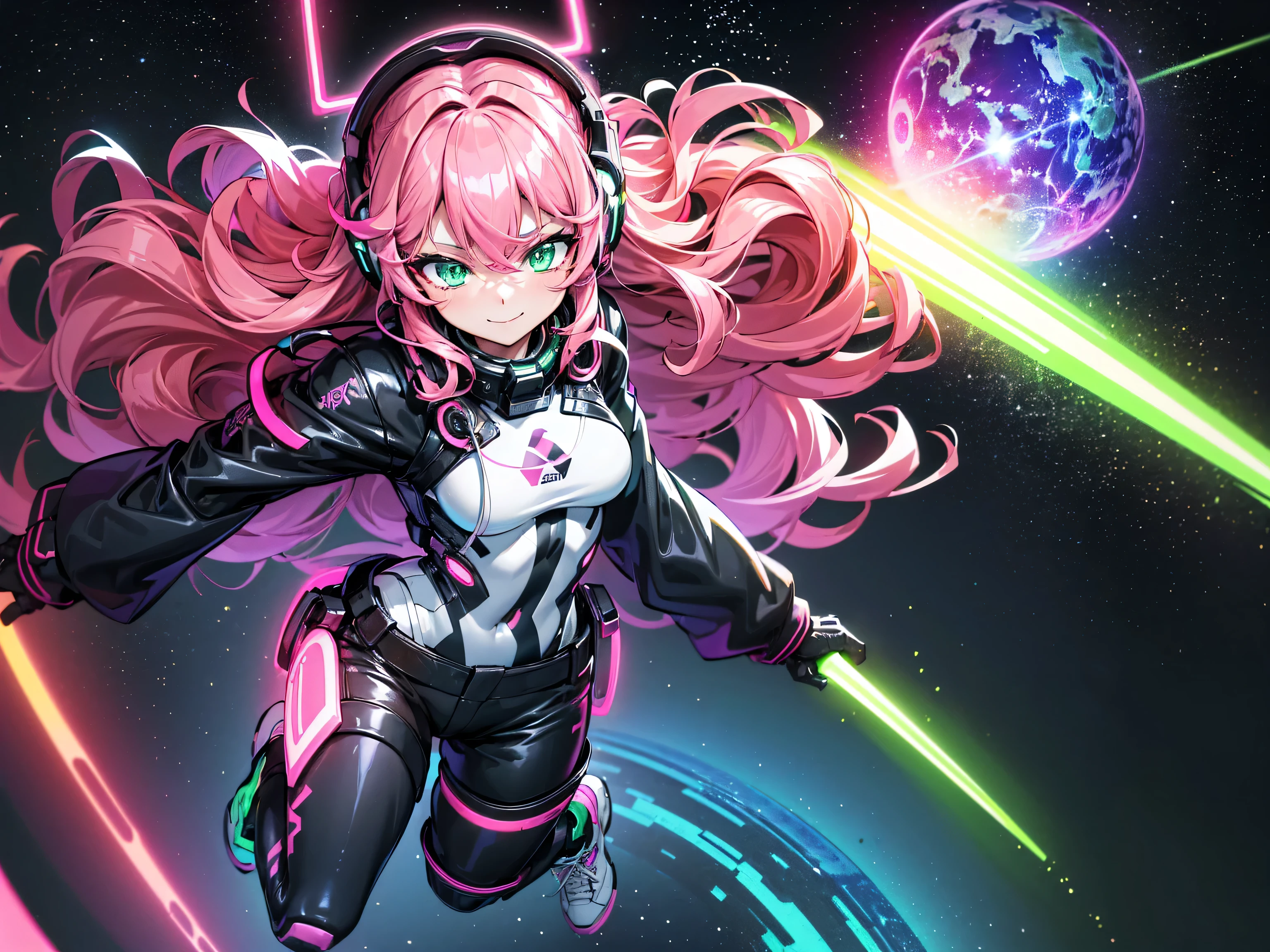 masterpiece:1.4, 1girl ((20year old, dressed in long sleeve shirt, tight black shorts, sneakers, medium breasts, multicolor pink hair, curly long hair, green eyes:1.4, Wearing headphones, happy, smiling, close up, floating in outer space:1.1 galaxy and earth in background:1.1, neon and energetic atmosphere:1.2)) ((nighttime)) ((solo:1.6))
