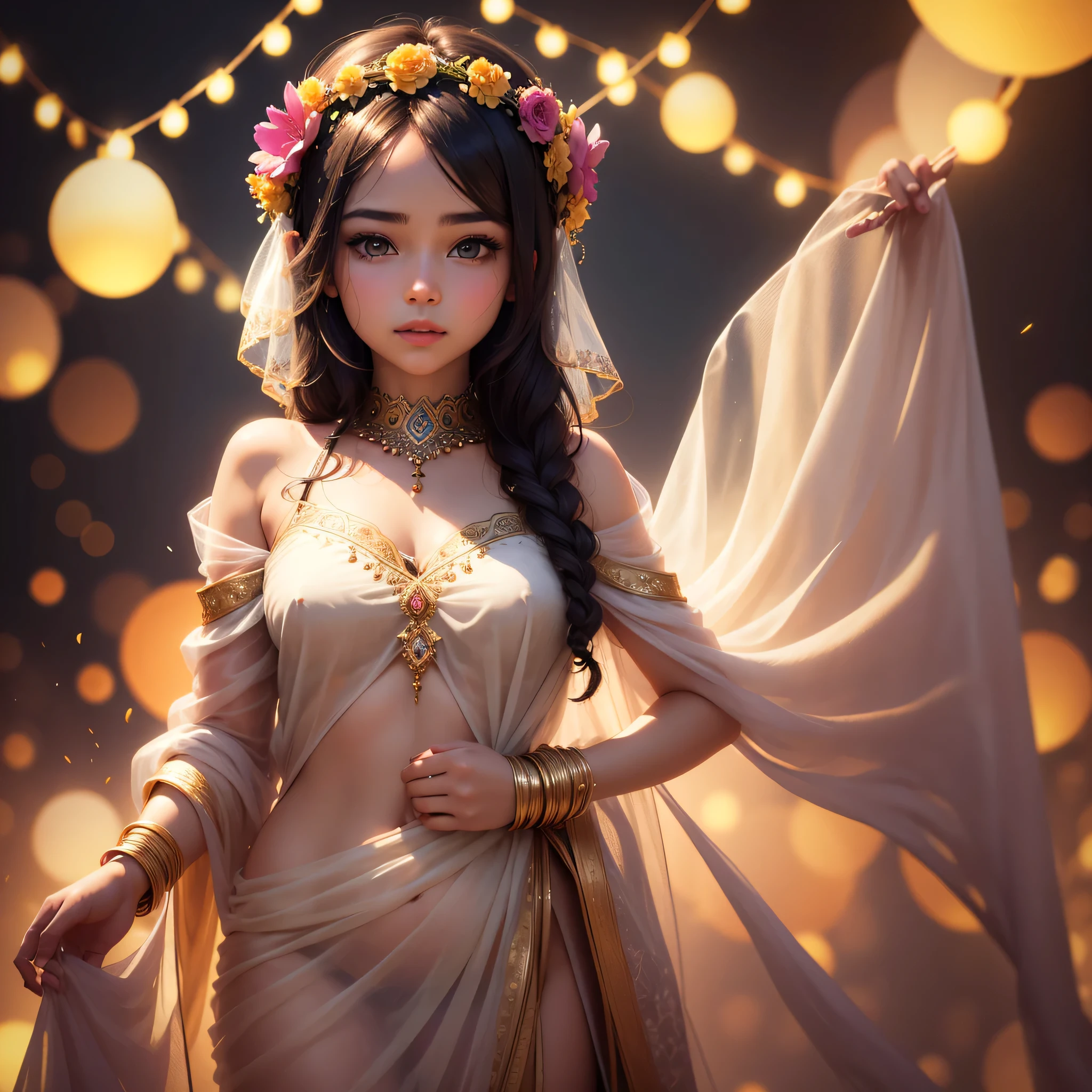 most beautiful in the world, fair, young girl, wearing see through cloth, with beautiful flower garland, 8k ultra defination, surrounded by flowers, bokeh, animated lighting