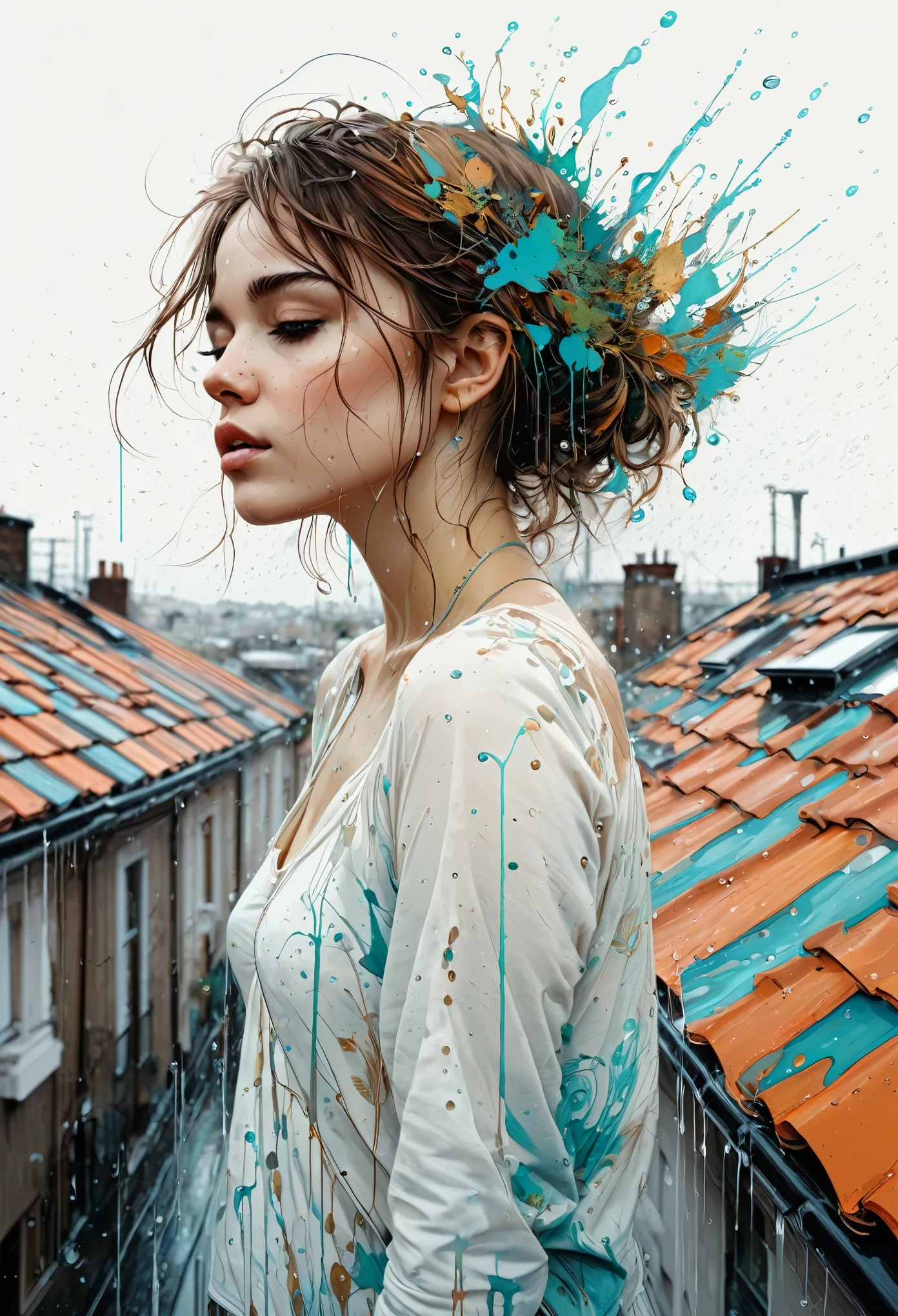Raindrops on the roof, Pitter-patter lullaby, Cleansing for the soul| dynamic pose | centered| key visual| intricate| highly detailed| breathtaking beauty| precise lineart| vibrant| comprehensive cinematic| Carne Griffiths| Conrad Roset| Anna Dittmann| overcast