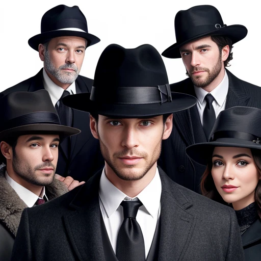 Jew men gathered in black coats and fedora hats, focusing on their faces.