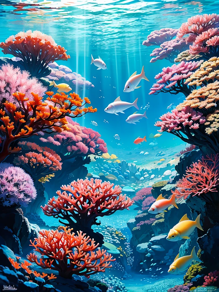 There are beautiful corals on the seabed.、Colorful fish swimming in the sunlight