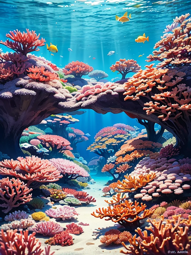 There are beautiful corals on the seabed.、Colorful fish swimming in the sunlight