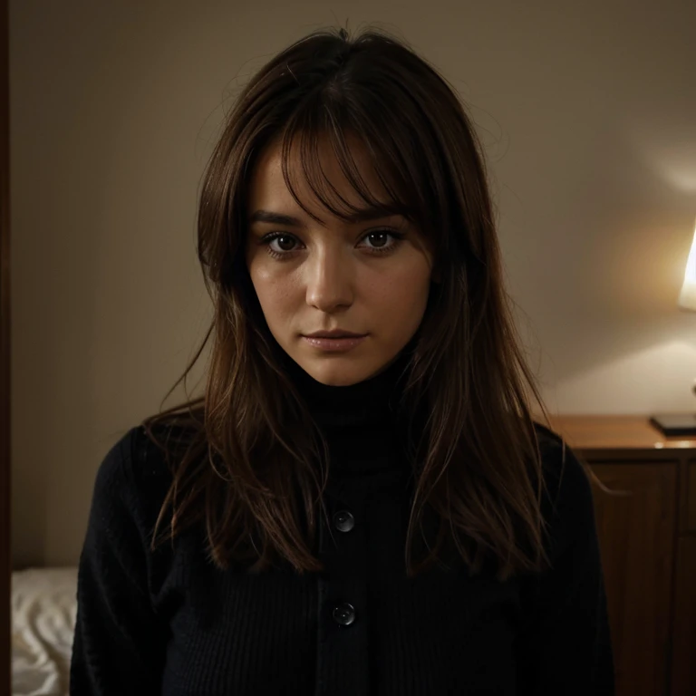 Photo réaliste d'une femme brune d'environ 20 and aux yeux clairs dans un fond sombre a l'extérieur