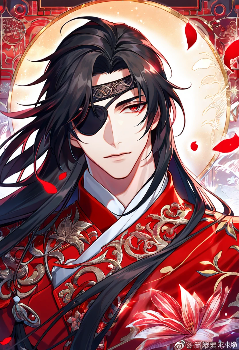 Ultra detailed, HDR, Highres, absurdres, master piece, Hua Cheng, black long hair, expressive red eye, black eye patch, Heaven Official's Blessing, patterns, red clothes, red petals, red ice flowers, sexy man, solo, extremely detailed face and eyes, extremely handsome, glittering, red glass,