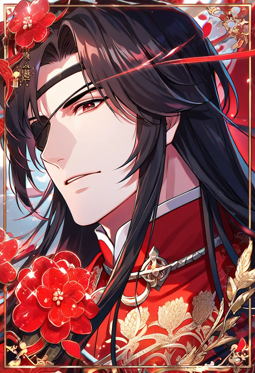 Ultra detailed, HDR, Highres, absurdres, master piece, Hua Cheng, black long hair, expressive red eye, black eye patch, Heaven Official's Blessing, patterns, red clothes, red petals, red ice flowers, sexy man, solo, extremely detailed face and eyes, extremely handsome, glittering, red glass,