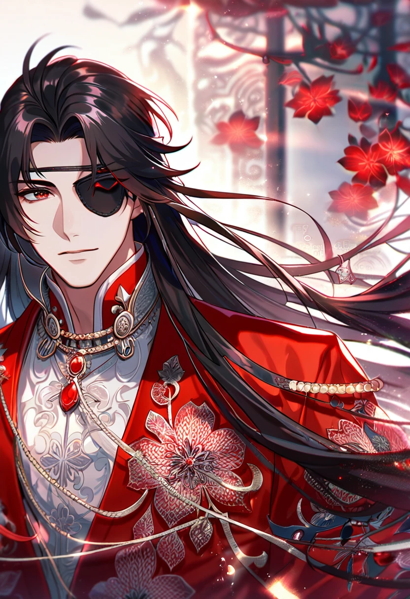Ultra detailed, HDR, Highres, absurdres, master piece, Hua Cheng, black long hair, expressive red eye, black eye patch, Heaven Official's Blessing, patterns, red clothes, red petals, red ice flowers, sexy man, solo, extremely detailed face and eyes, extremely handsome, glittering, red glass,