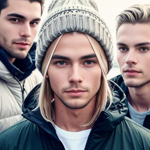Scandinavian men gathered sweatshirts, focusing on the face.