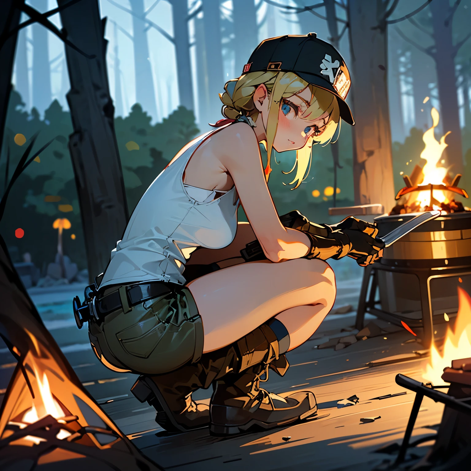 One girl, ( Daytime,whole body:1.5), alone,Watching the audience, Blonde twin-tail braided hair,Wearing cyberpunk goggles on his forehead,Pink baseball cap, White tank top,Khaki leather gloves,Denim shorts,White knee-high socks,Khaki work boots, (A girl is squatting and cooking at a campsite,Holding a black frying pan in front of a campfire,In front of the motorcycle,:1.5),grass,Outdoor equipment,Outdoor cooking