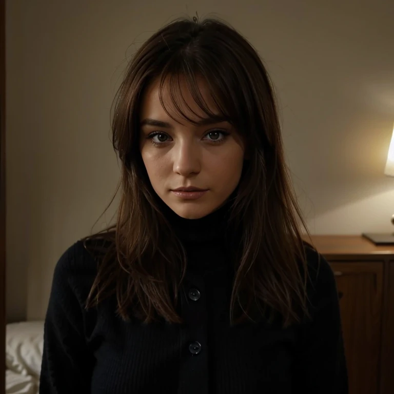 Photo réaliste d'une femme brune aux cheveux longs d'environ 20 and aux yeux bleus dans un fond sombre a l'extérieur