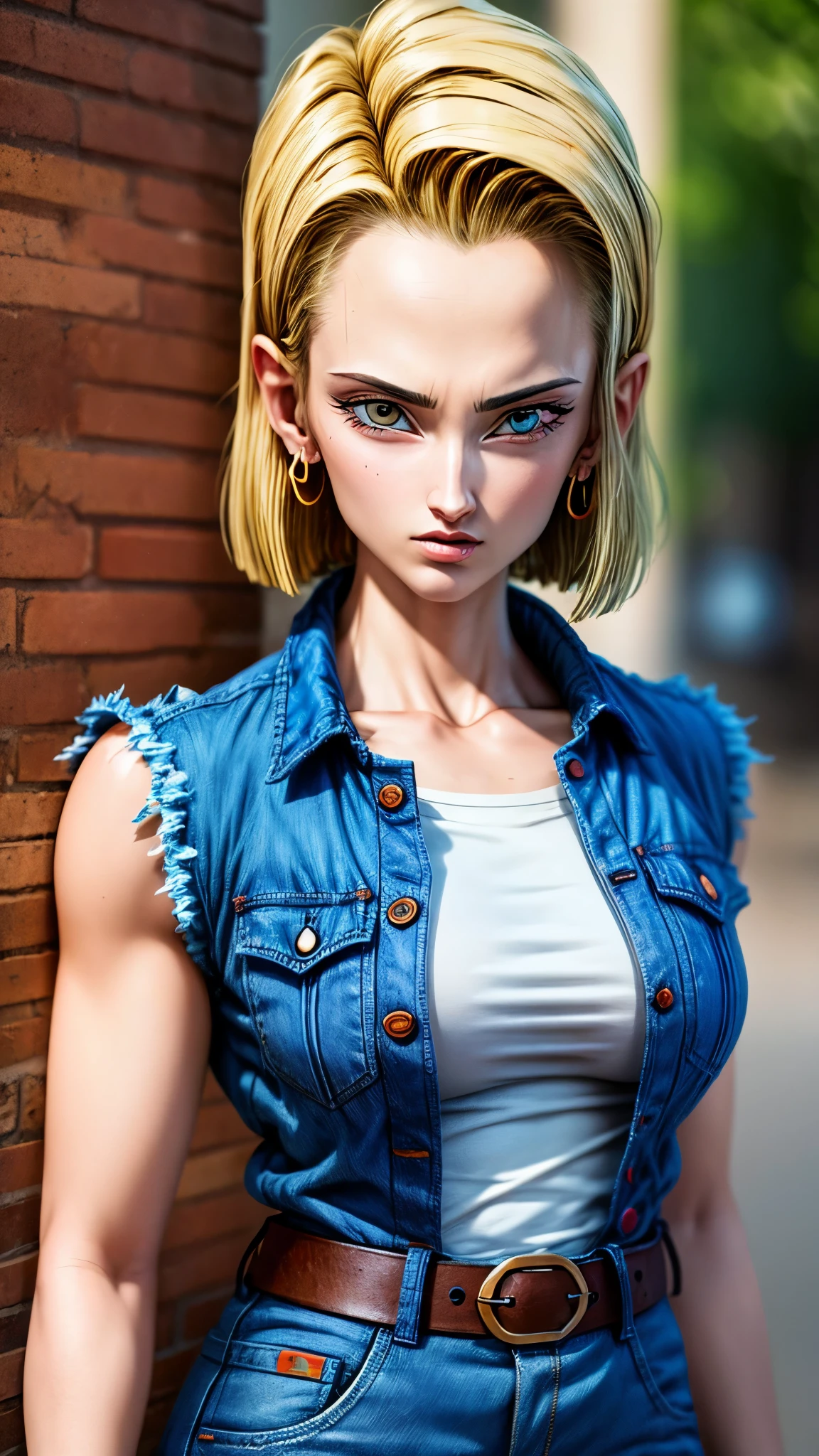 (masterpiece, best quality), realistic version of android18, earrings, denim, belt upper body, focus face, perfect face, Emily Rudd.