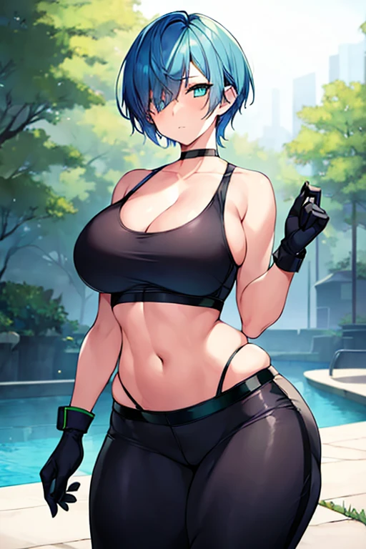 1girl, blue hair, pixie cut, very short hair, green eyes, one eye covered, hair over one eye, sportswear, sports bra, gloves, black sports bra, pants, belt, forest, milf, mature female, hourglass figure, glowing eyes, shirt, large breasts, thick thighs, wide hips