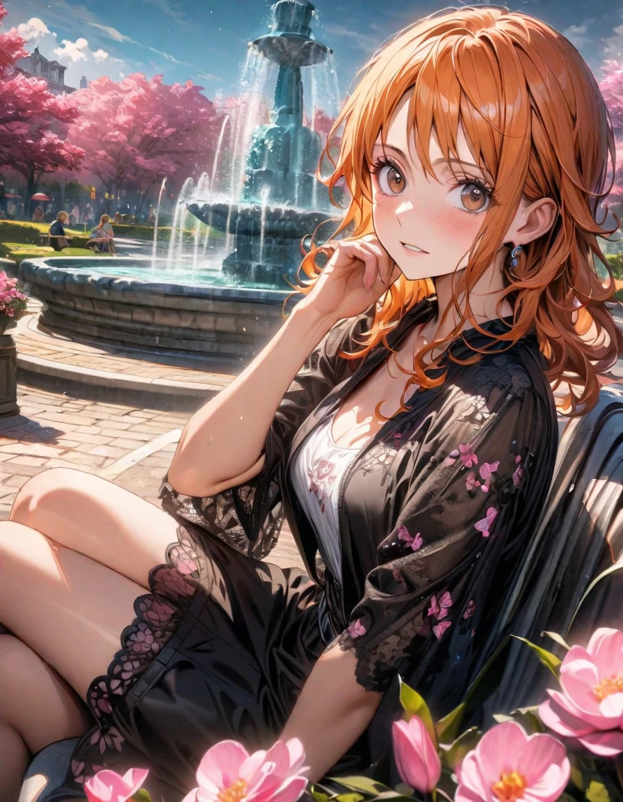 absurdres, highres, ultra detailed, HDR, master piece, ultra detailed picture, extremely detailed face and eyes, Nami, orange hair, expressive brown eyes, One Piece, solo, woman, extremely beautiful, pink flowers, park, fountain, pink trees, pink butterflies, black clothes