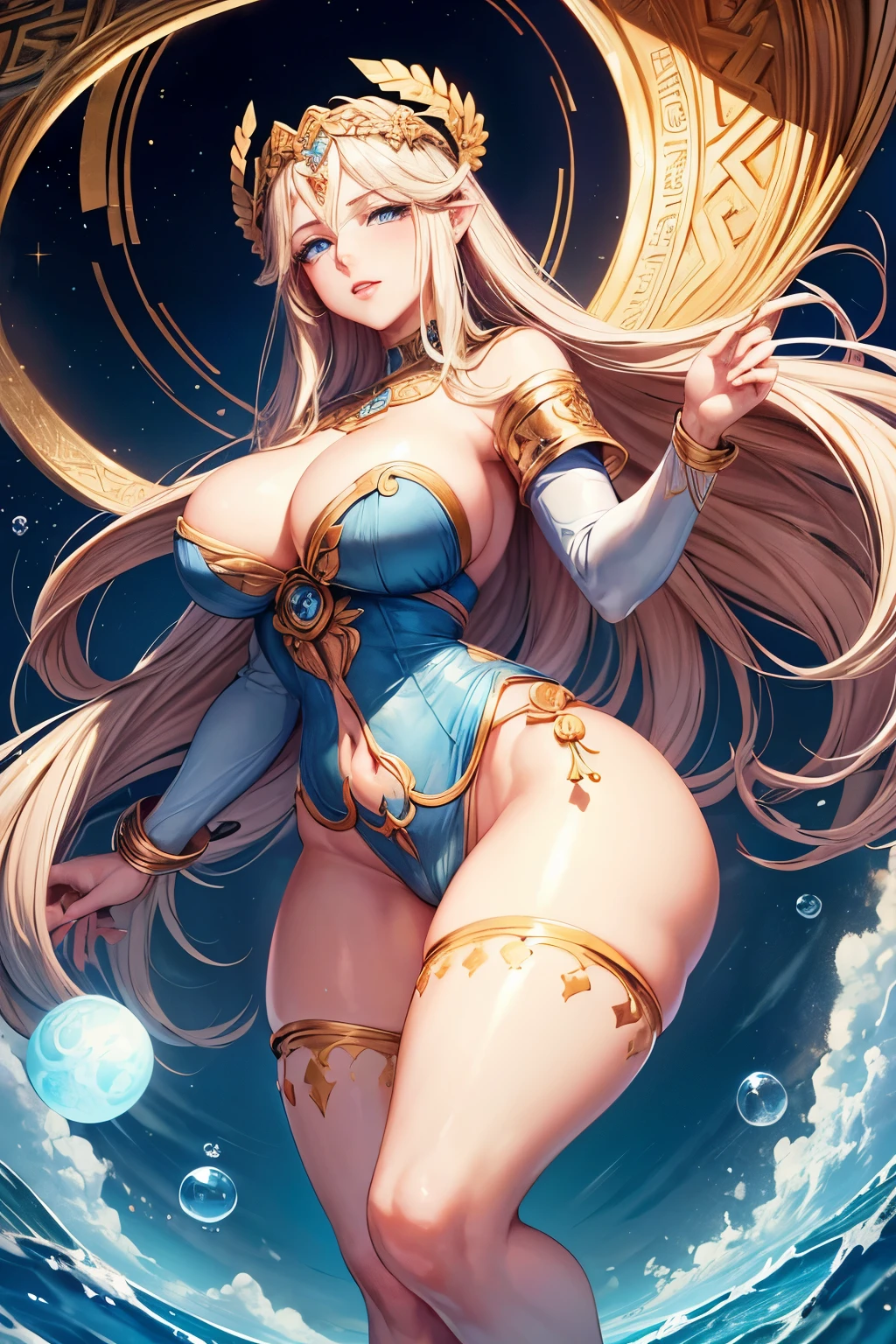 (Ancient Greek mythology), (femele god Atlas:1.2), Atlas was given the task of holding up the heavens, she has long blonde hair, completely full body, (pubic stubble), a thoughtful face, (heavy breasts), (bubble butt), (wide hips:1.1), (slim waist:1.1), (thick thighs:1.1), (detailed face and eyes:1.2), (beautiful blue eyes:1.1), slightly open mouth, she is very tall, she is a giant, (little cherubs are circling around her:1.1), (detailed hand and finger:1.2), (medium breasts:1.2), (busty), (deep cleavage:1.2), (labia outline:1.3), (hard teat:1.3).