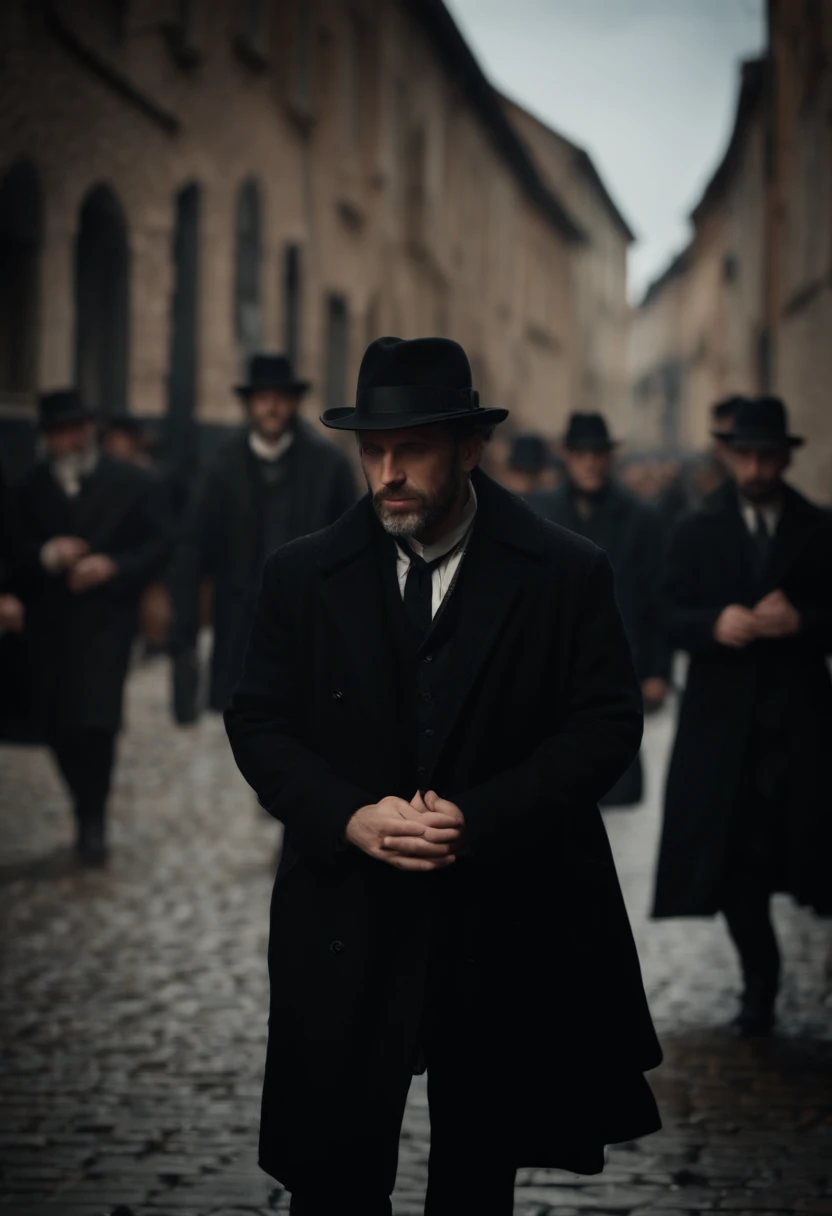 Jew  gathered in black coats and fedora hats, focusing on their faces.
