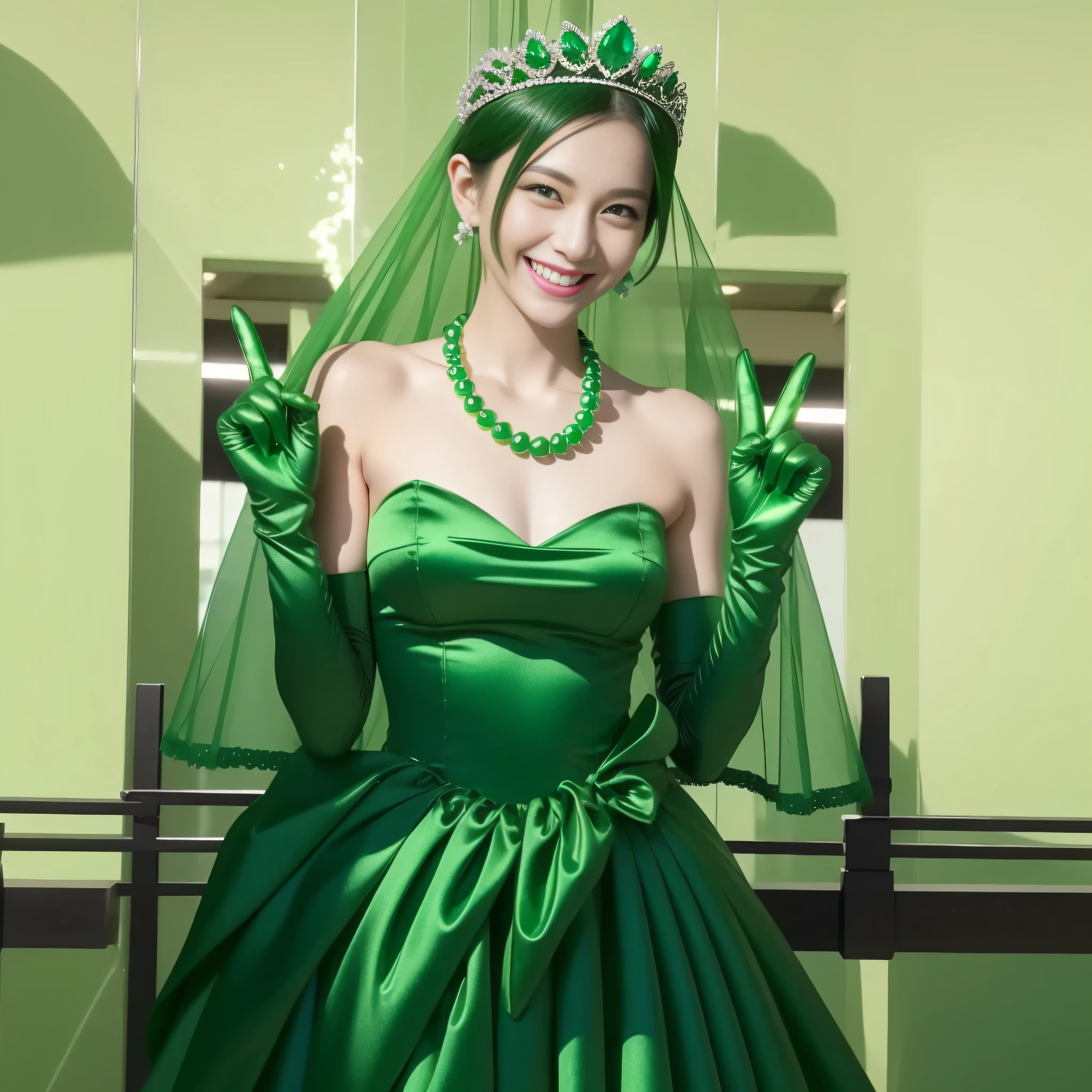 Emerald tiara, Green Pearl Necklace, Boyish very short green hair, lipstick, Smiling Japanese woman, Very short hair, Big tits beautiful, Green Eyes, Long green satin gloves, Green Eyes, v sign, Emerald Earrings, Green Veil