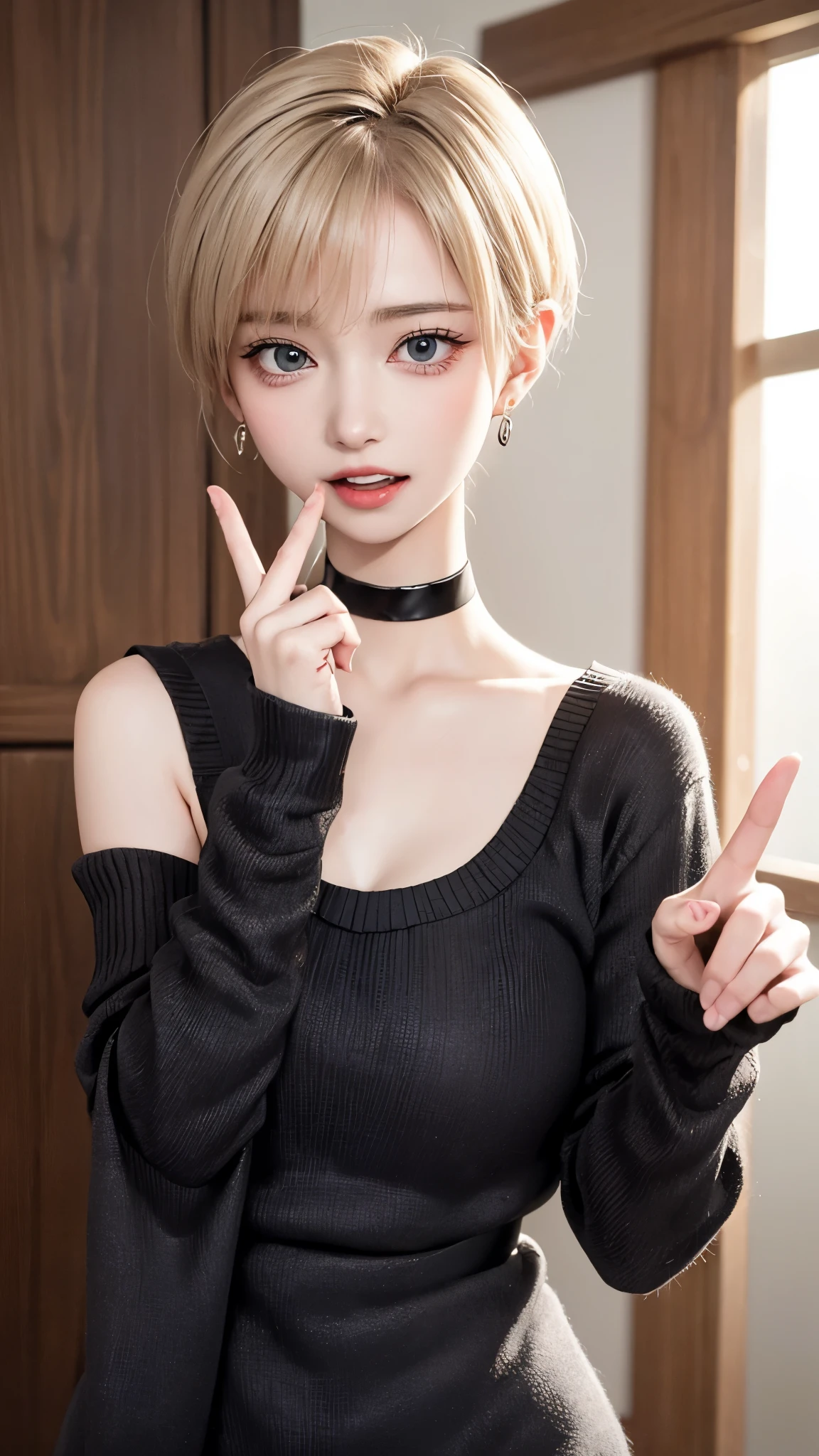 1 Girl、solo、masterpiece,highest quality,High resolution,Very detailed, skinny,Black Choker,Earrings,Big cleavage、Off-the-shoulder tight sweater dress,

 Cute pose、(((Open your mouth))), Heavy breathing , (aheghentai face:1.5), 
Blonde pixie short hair、
(((Accurate 5-finger)))、Accurate human body、The perfect human body、((Captivating smile ))、

entrance、indoor、open the door、Detailed Background、