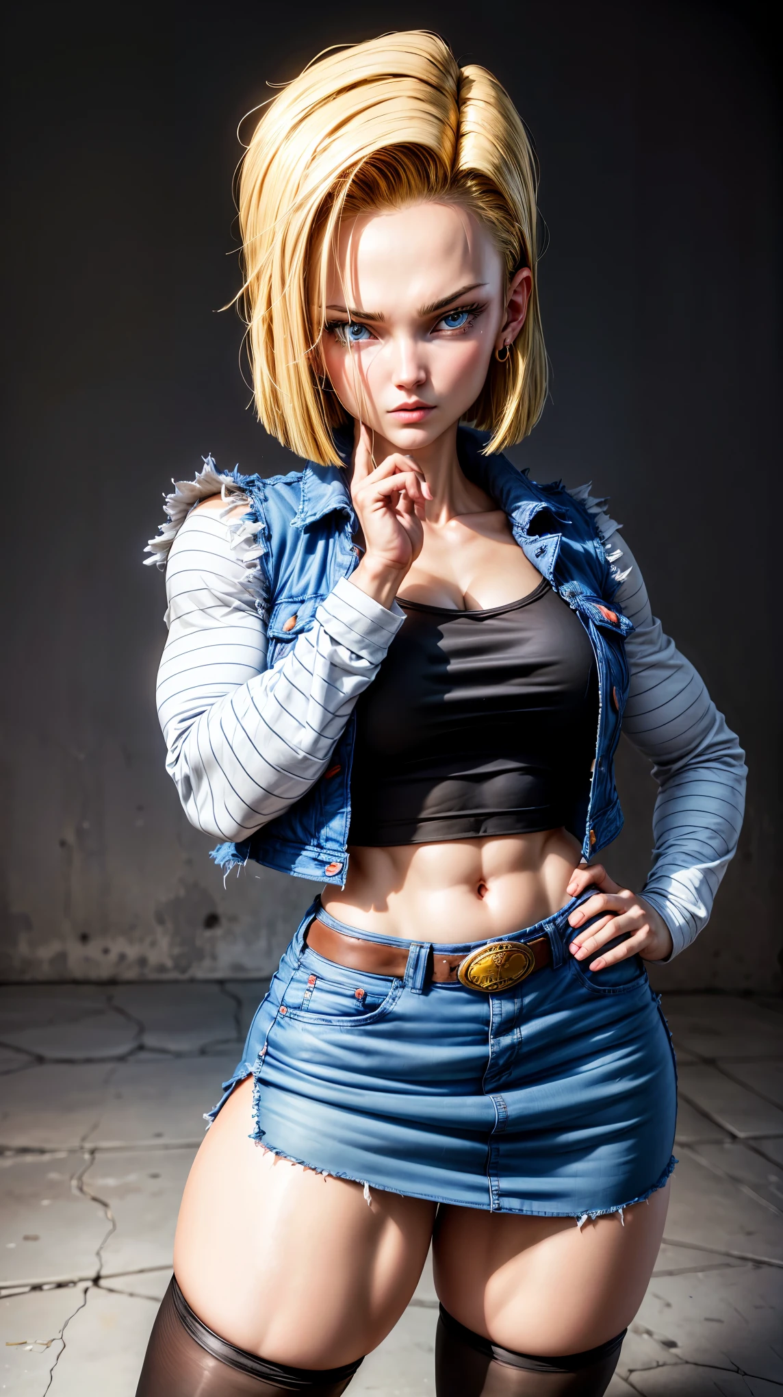 masterpiece:1.2, high quality, best quality, no background, white background, and18, 1girl, android 18, solo, blonde hair, blue eyes, short hair, earrings, jewelry, denim vest, open vest, black pantyhose, black shirt, denim skirt, striped long sleeves, blue skirt, large breasts, thick thighs, curvy hips, stfighting stance, shoot from front, cowboy shot,