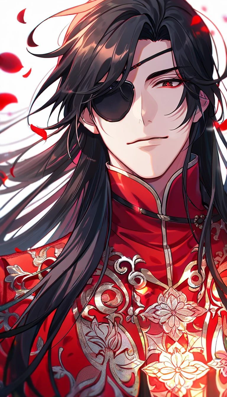 Ultra detailed, HDR, Highres, absurdres, master piece, Hua Cheng, black long hair, expressive red eye, black eye patch, Heaven Official's Blessing, patterns, red clothes, red petals, red ice flowers, sexy man, solo, extremely detailed face and eyes, extremely handsome, glittering, red glass,