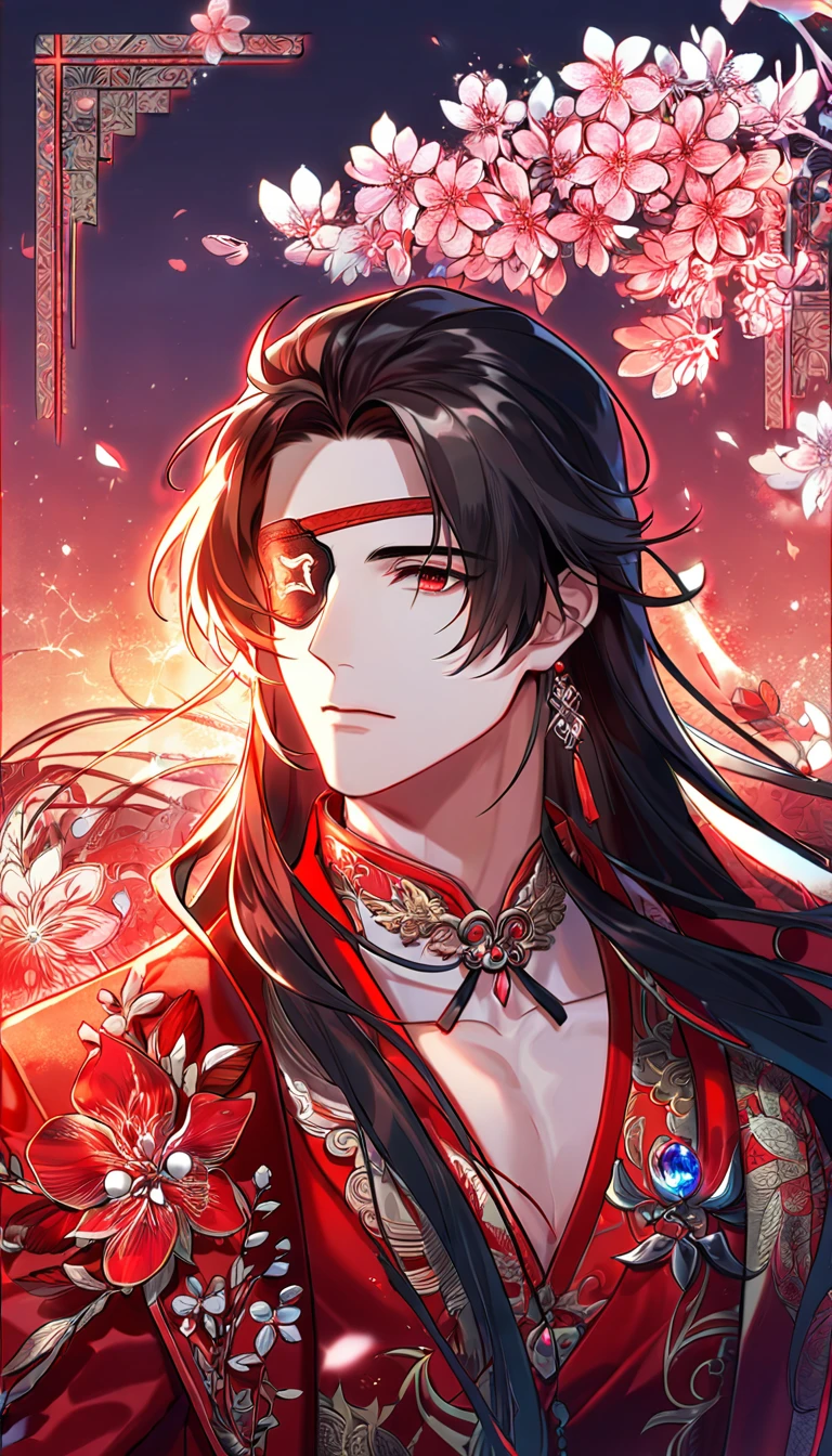 Ultra detailed, HDR, Highres, absurdres, master piece, Hua Cheng, black long hair, expressive red eye, black eye patch, Heaven Official's Blessing, patterns, red clothes, red petals, red ice flowers, sexy man, solo, extremely detailed face and eyes, extremely handsome, glittering, red glass,