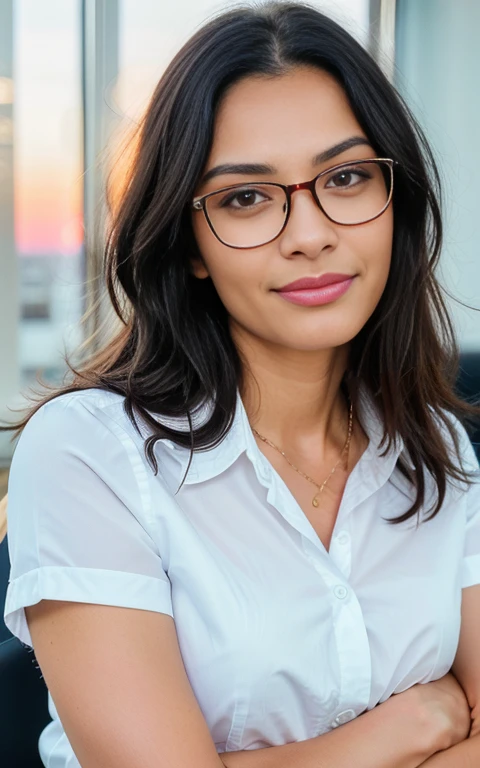 beautiful brunette, wearing prescription glasses, dressed in business attire, (arms crossed in a modern office at sunset), Very detailed, 45 years old, 75 kilos, innocent face, natural wavy black hair, black eyes, Tall resolution, artwork, best quality, intricate details, Highly detailed, sharp focus, detailed skin, realistic skin texture, texture, detailed eyes, professional, 4K, charming smile, shot on Canon, 85mm, Shallow depth of field, Kodak Colors Vision, perfectly shaped body, extremely detailed, photo_\(ultra\), photorealistic, realistic, Post-processing, maximum detail, roughness, Real life, ultra realistic, photorealism, photography, 8k hd, photography