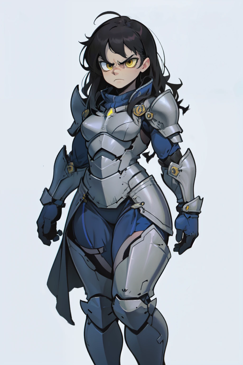 grey background (((muscular))), (thick thighs, small breasts, toned body, 1 girl), black hair, pale skin, yellow eyes, angry, very long hair armor armor armor armor armor armor armor armor armor armor armor armor armor armor armor armor armor armor armor