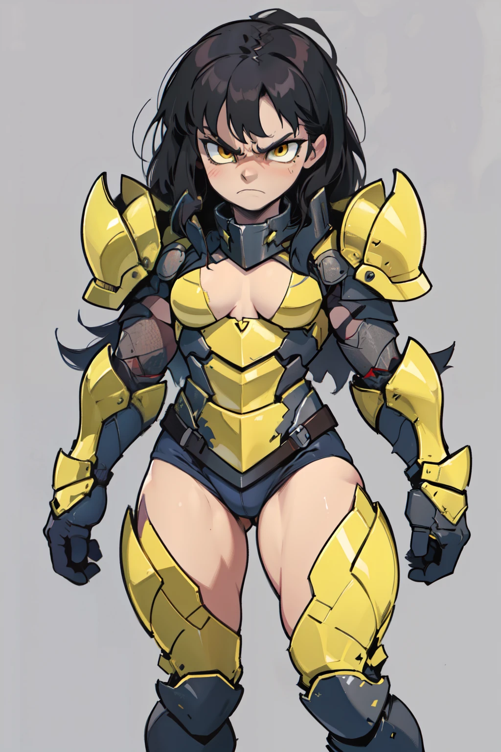 grey background (((muscular))), (thick thighs, small breasts, toned body, 1 girl), black hair, pale skin, yellow eyes, angry, very long hair armor armor armor armor armor armor armor armor armor armor armor armor armor armor armor armor armor armor armor