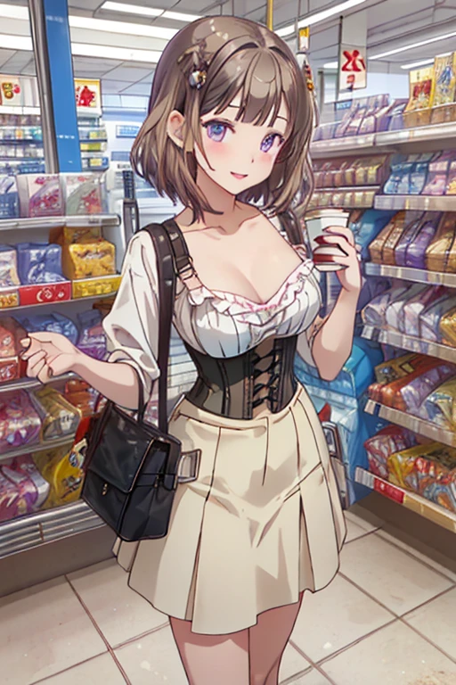 (masterpiece, Best Quality, ultra-detailed, high resolution, extremely detailed CG, official art, Professional Lighting, Perfect Anatomy), (from below), looking at viewer, cowboy shot, perfect body, 24yo beautiful 1girl, delicate beautiful face, Bright magenta eyes, cute eyes, sparkling eyes, (perky chest:1.1), (pointed chest:1.3), medium hips, glamorous body,a small face,beautiful-makeup,Makeup light,Shortcut Hair,dark brown hair, Amazing Cleavage:1.2, thin waist,Raised sexy, small breast: 1.2 ,posed cleavage:1.2, bare legs, nail_polish, Waiting friend, (at morning:1.5), tokyo, (convenience store:1.3), outdoor, (depth of field:1.3), contrapposto, (Hold a coffee in your hand:1.3), looking at viewer,(double breasted:1.0,under bust:1.0), gap between buttons,(((corset belt))),(((low waist skirt,))) seductive weak smiling,(with sparkling eyes and a contagious smile),open mouth, Looking at Viewer,