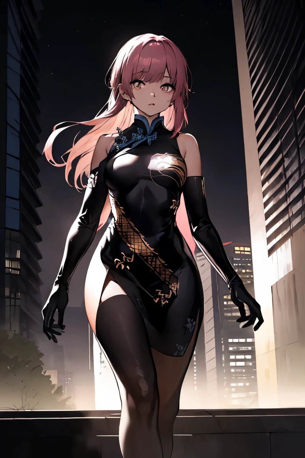 anime, (obra de arte, melhor qualidade, ultra-detalhado, alto contraste), 1 mulher (Sozinho, corpo todo, corpo plus size, standing on the edge of the skyscraper, cabelo prateado, CABELO LONGO E FLUXO, olhos vermelhos brilhantes de rubi, (qipao preto, black cybernetics with neon pink), meias pretas transparentes), (skyscraper roof, com vista para uma cidade, fundo detalhado ((night time, Darkness, low light pollution)))