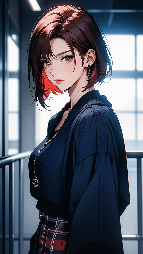 A 24-year-old high school girl with a European appearance, short red hair with a Chanel cut and no bangs, dark eyes, and is apparently tall, has a kind and mature face, she is wearing English clothes. dark blue in color, it is inside an English high school,