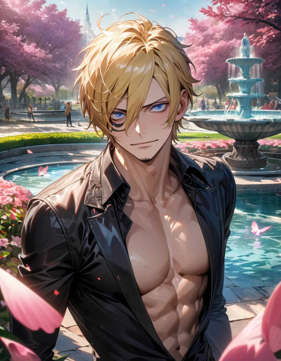 absurdres, highres, ultra detailed, HDR, master piece, ultra detailed picture, extremely detailed face and eyes, Vinsmoke Sanji, blonde hair, expressive blue eyes, One Piece, solo, sexy man, handsome, toned chest, pink flowers, park, fountain, pink trees, pink butterflies, black clothes
