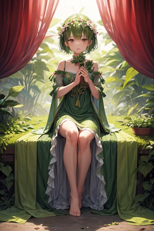 Plant 5 girl with green skin and short hair made of green leaves.
dress made of leaves feet made of roots with pink eyes hands shaped like flower buds