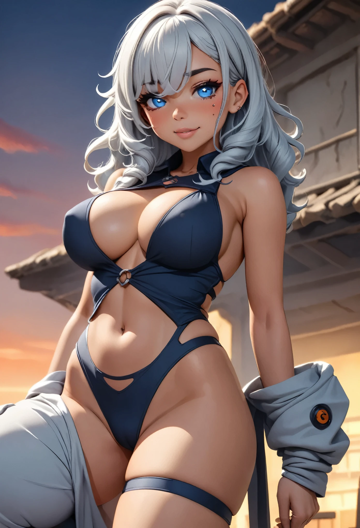 Personaje femenino de cabello blanco plateado corto desordenado, ojos fieros azules vibrantes, labial rojo corrido