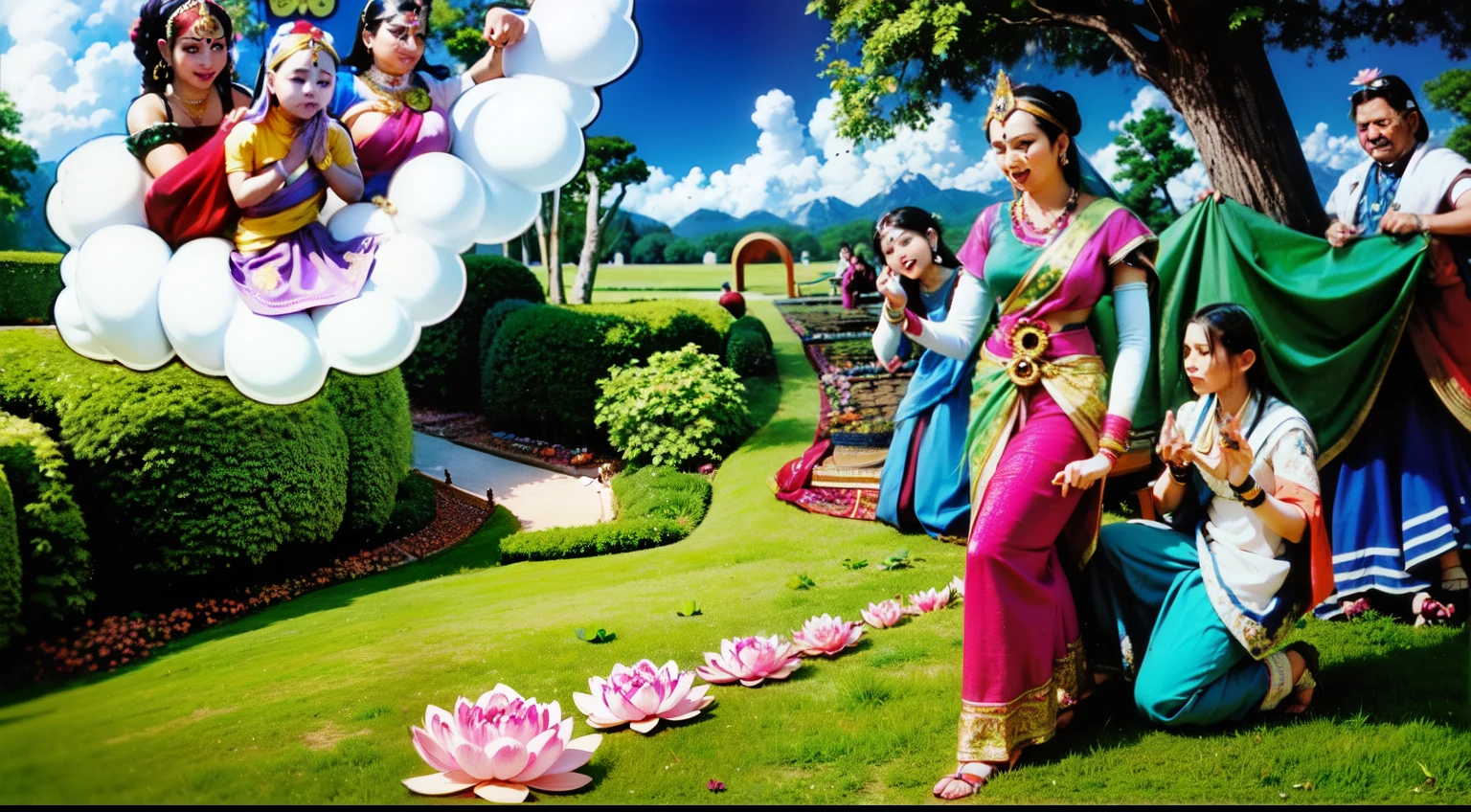 historical indian queen with 4 female servants in a garden in front of a large tree, a row of 7 pink lotus blossoms is lined up on the path , hindu deities floats in a cloud to the top left, morning, blue sky