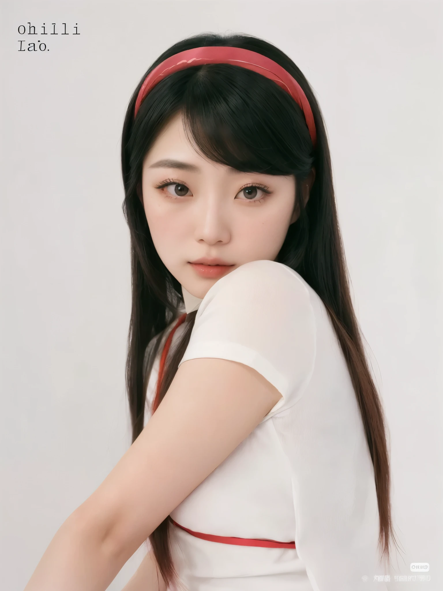un primer plano de una mujer con una diadema roja, chiho, por Torii Kiyomoto, shikami, kimi takemura, sui ishida con cabello ?????, yasumoto oka, Yoshitomo Nara, japanese model, Harumi, dilraba dilmurat, el corte de hime
