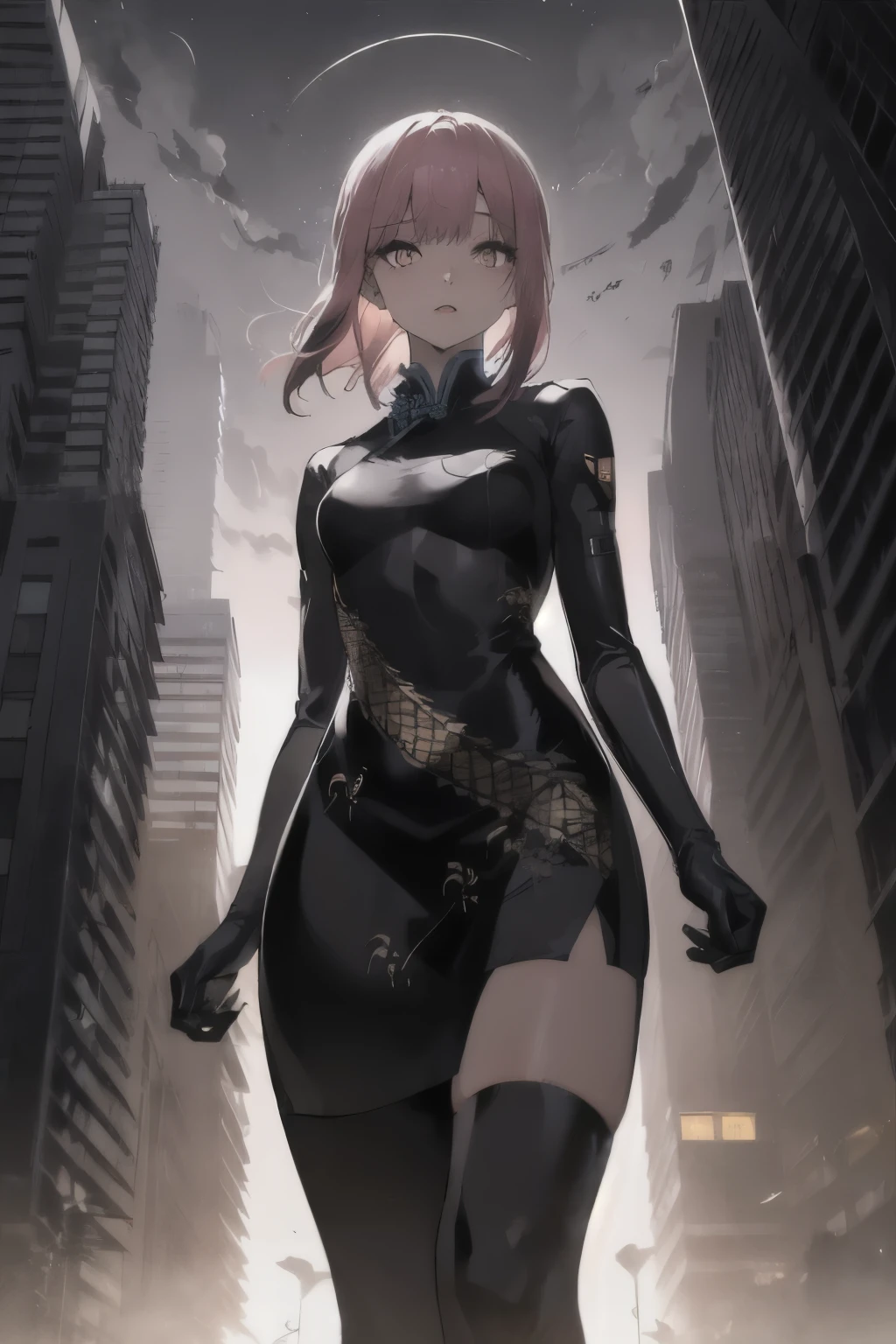 anime, (obra de arte, melhor qualidade, ultra-detalhado, alto contraste), 1 mulher (Sozinho, corpo todo, corpo plus size, standing on the edge of the skyscraper, cabelo prateado, CABELO LONGO E FLUXO, olhos vermelhos brilhantes de rubi, (qipao preto, black cybernetics with neon pink), meias pretas transparentes), (skyscraper roof, com vista para uma cidade, fundo detalhado ((night time, Darkness, low light pollution)))