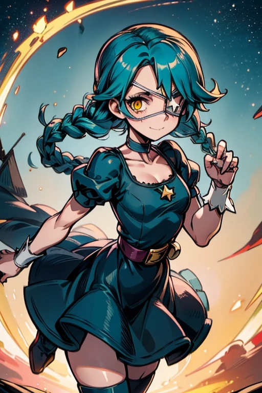 (mejor calidad, Obra maestra), 1 chica, mirando abajo, viento, Particle, fondo sencillo, humor oscuro, parte superior del cuerpo, annie de skullgirls, ((medium hair)), ((teal hair)), (two hair braids), (yellow eyes), small breast, ((teal doll dress, a star pattern on dress)), ((pirate white eyepatch)), long boots, pink belt, smile, adult, sword, space in background, flying