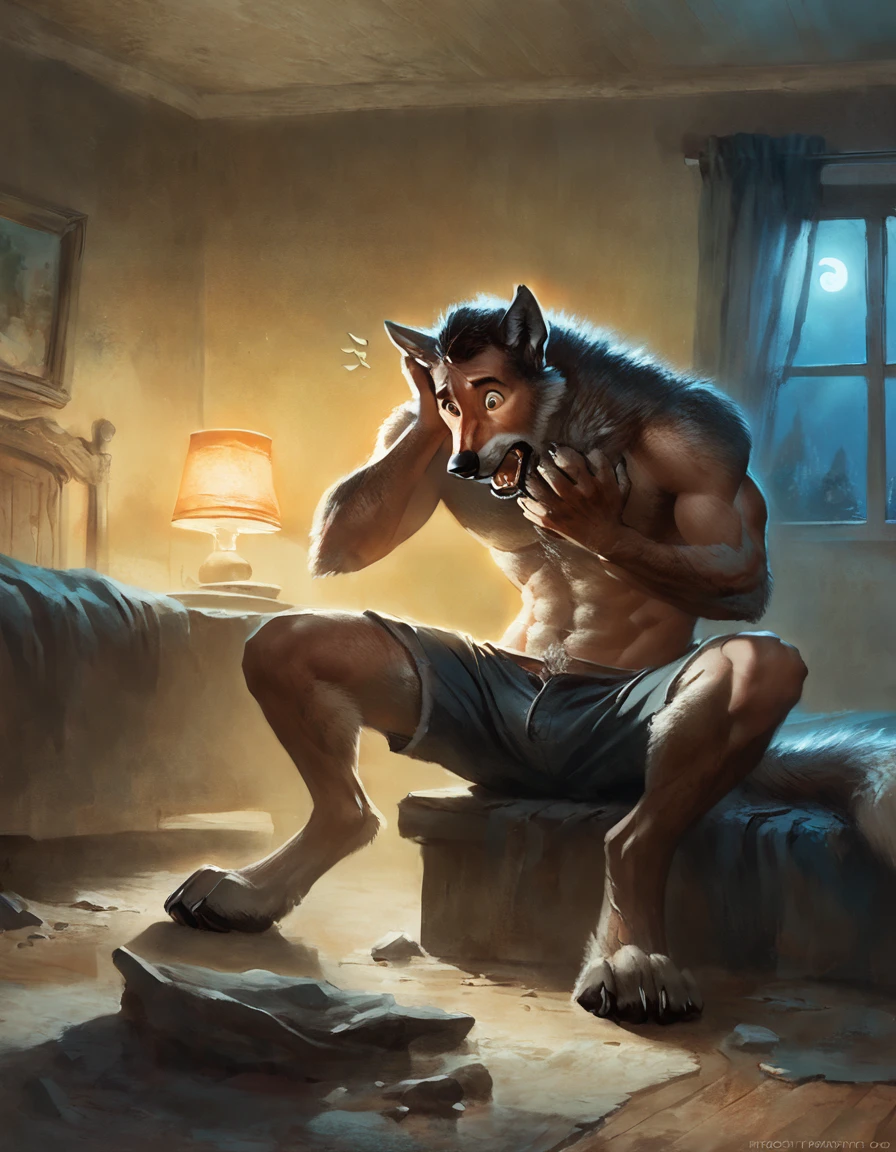 man mid turning into a wolf, concept art, shorts, sitting, surprised expression, muscular, paw, snout, transformation, mid transformation, solo, bedroom, looking at dick, holding head, night ambience