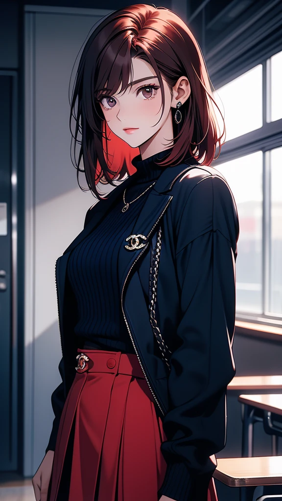 A 24-year-old high school girl with a European appearance, short red hair with a Chanel cut and no bangs, dark eyes, and is apparently tall, has a kind and mature face, she is wearing English clothes. dark blue in color, it is inside an English high school,