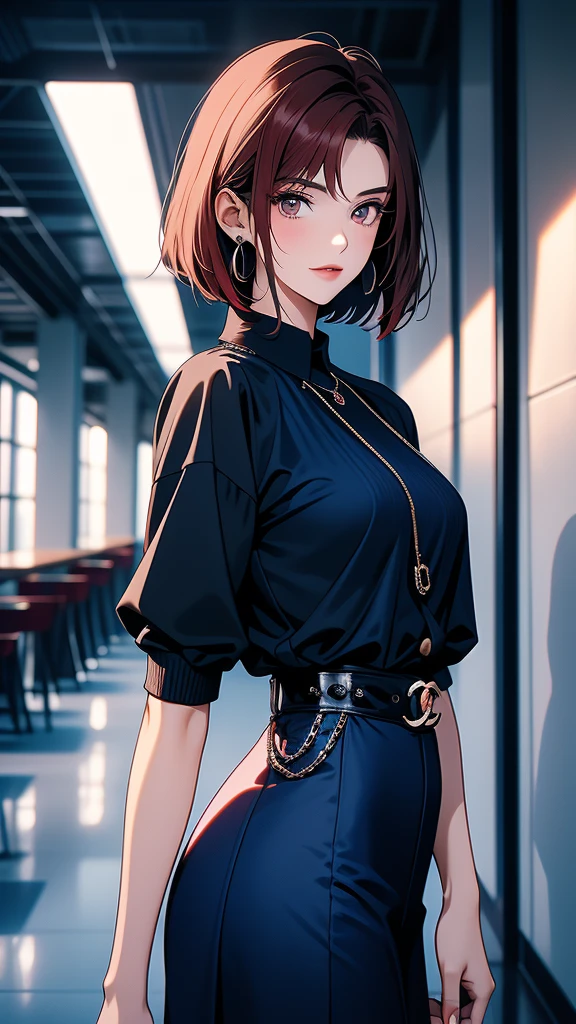 A 24-year-old high school girl with a European appearance, short red hair with a Chanel cut and no bangs, dark eyes, and is apparently tall, has a kind and mature face, she is wearing English clothes. dark blue in color, it is inside an English high school,