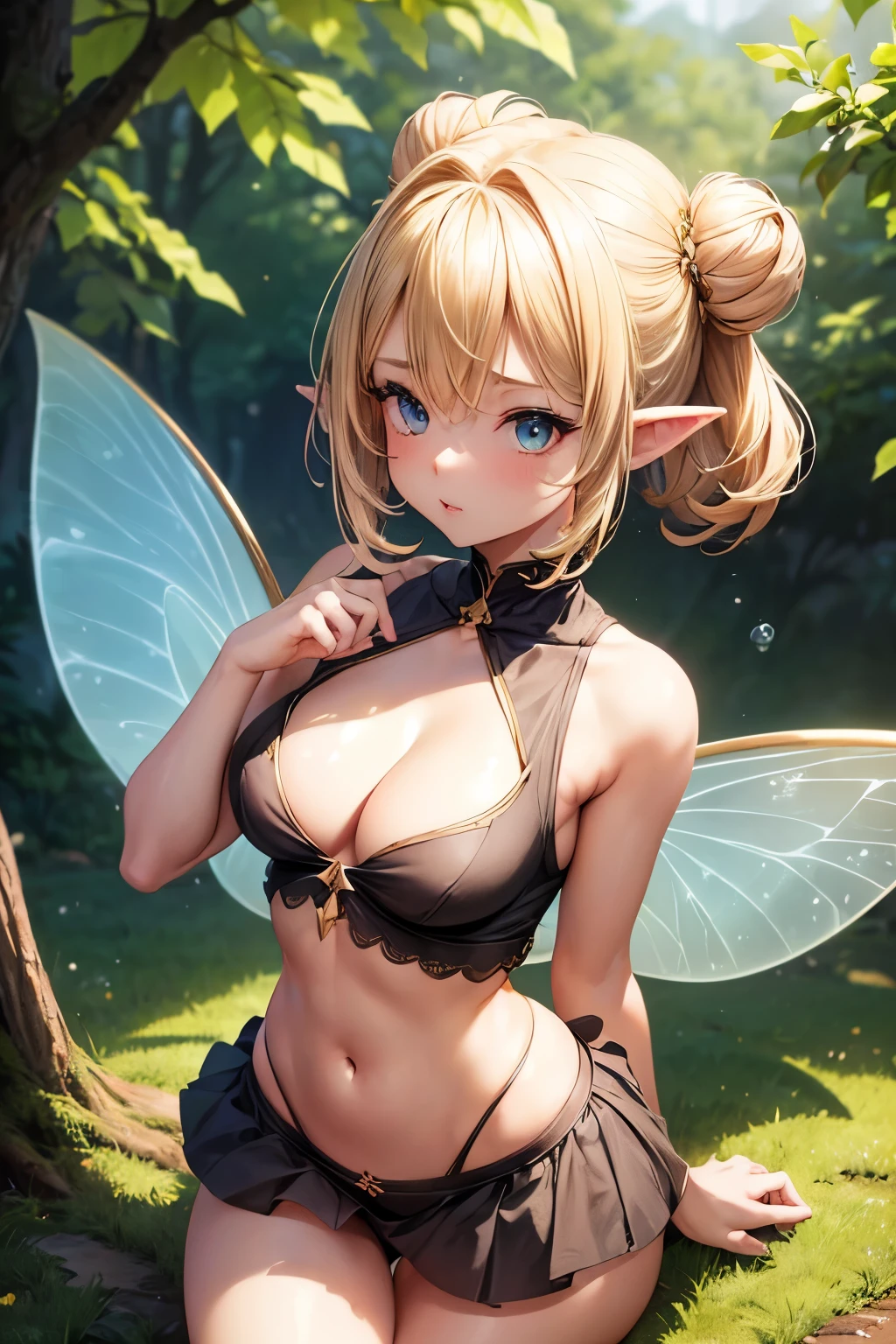 (Small cute y blonde fairy:1.2), hair in a large bun, (detailed fairy wings:1.2), (small pointy ears), sitting in a stump, (heavy bre(bubble butt), (wiips:1.1), (slim waist:1.1), (thick thighs:1.1), (detailed face and eyes:1.2), (short green tank top:1.1), upskirt, open posing her thighs, (slim thong:1.1), lifting her top up, (detailed hand and finger:1.2), (medium breasts:1.2), (busty) cleavage:1.2),ia outline:1.3 teat:1.3).