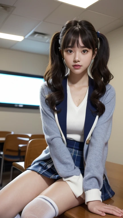highest quality，woman，Twin tails，blunt bangs，Curly Hair，Soft wavy hairstyle，bright、Has a lively expression，健康的でbright肌の色，Thick lips，From below，whole body，Looking at the camera，Cinema Lighting，classroom，Big Breasts，Cinema Lighting，，Navy Blue Blazer，White blouse，Blue tartan mini skirt，Knee-high socks，sneakers